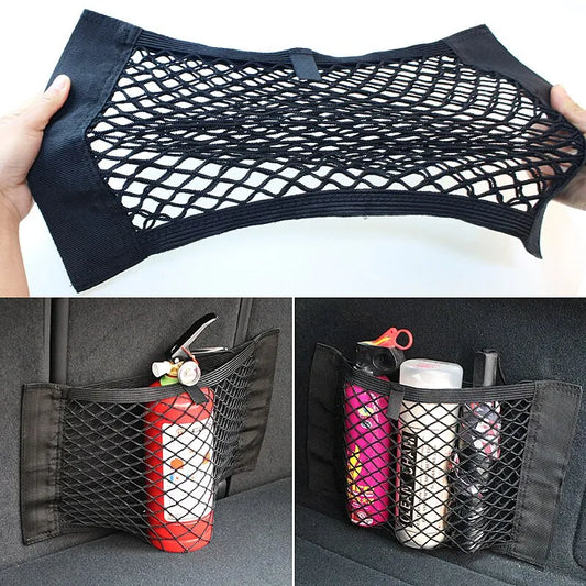 Car Back Rear Mesh Trunk Seat Elastic String Net Magic Sticker Universal Storage Bag Pocket Cage Auto Organizer Seat Back Bag