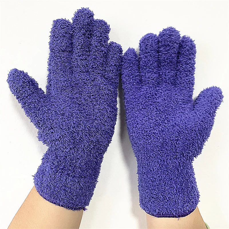 1Pair Cleaning Gloves Microfiber Coral Fleece Car Grooming Gloves Solid Five Finger Dust Removal Housework Absorbent Gloves