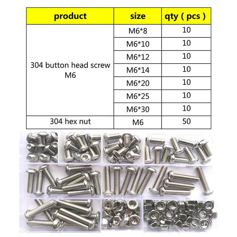 120-434Pcs 304 Stainless Steel Hex Button Socket Head Cap Screw Hexagon Thread Machine Metric Nut Bolt Assortment Kit Set M2~M6