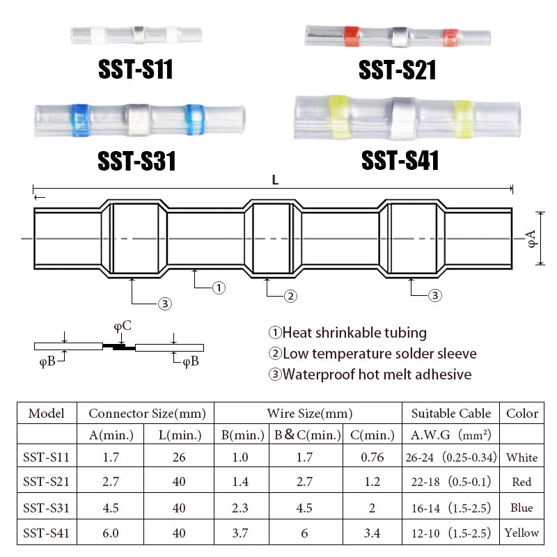 50PCS Heat Shrinkable Wire Connectors SST21 Waterproof Sleeve AWG22-18 Butt Electrical Splice Tinned Solder Seal Terminal