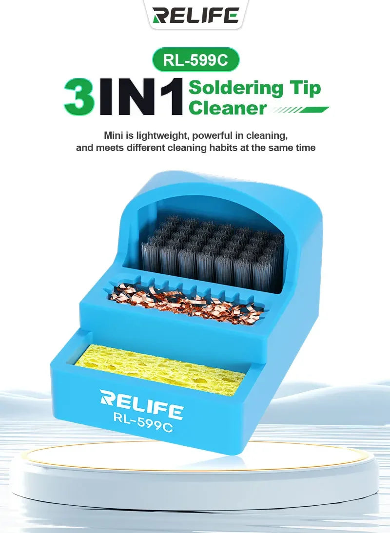 3in1 Soldering Tip Cleaner RELIFE RL-599C Heat Resistance Cleaning Steel Brush Copper Wire Ball Sponge Integrated Cleaning Tool