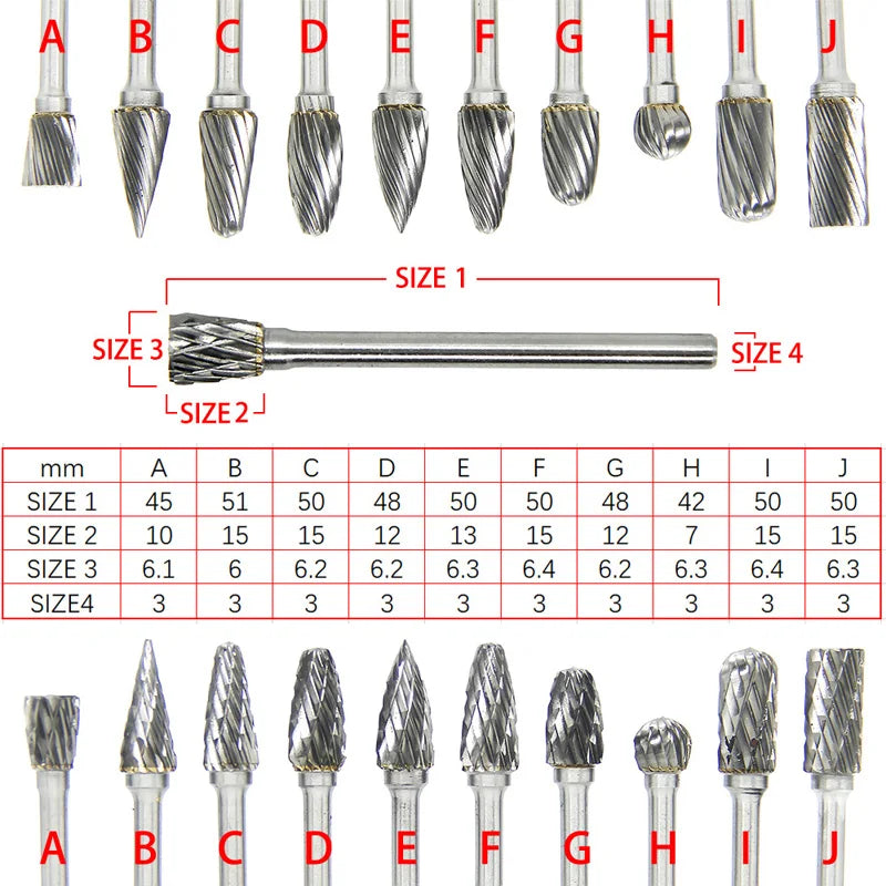 Tungsten Carbide Rotary Burr Carving Burr Bits Double Diamond Cut Dremel Tools for Wood Stone Carving Steel Metal Working