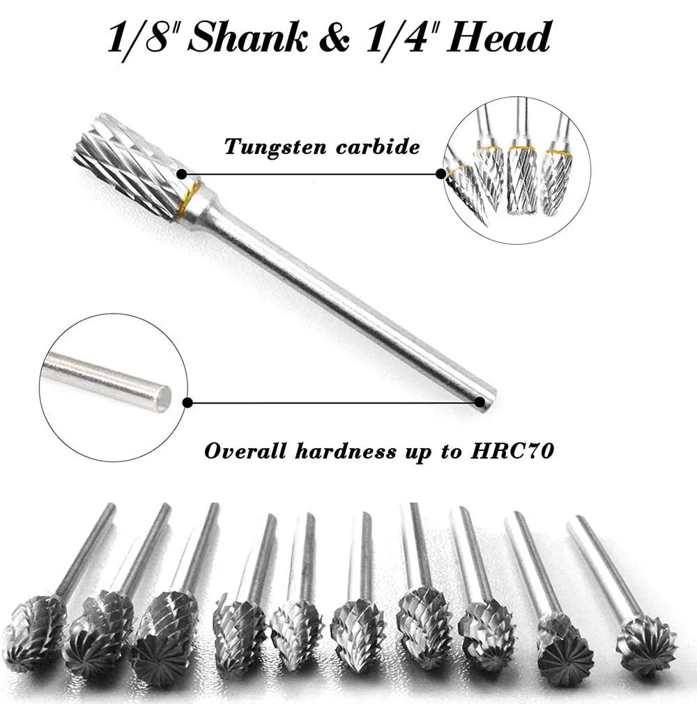 10 pcs 1/8" Shank Tungsten Carbide Milling Cutter Rotary Tool Burr Double Diamond Cut Rotary Dremel Tools Electric Grinding