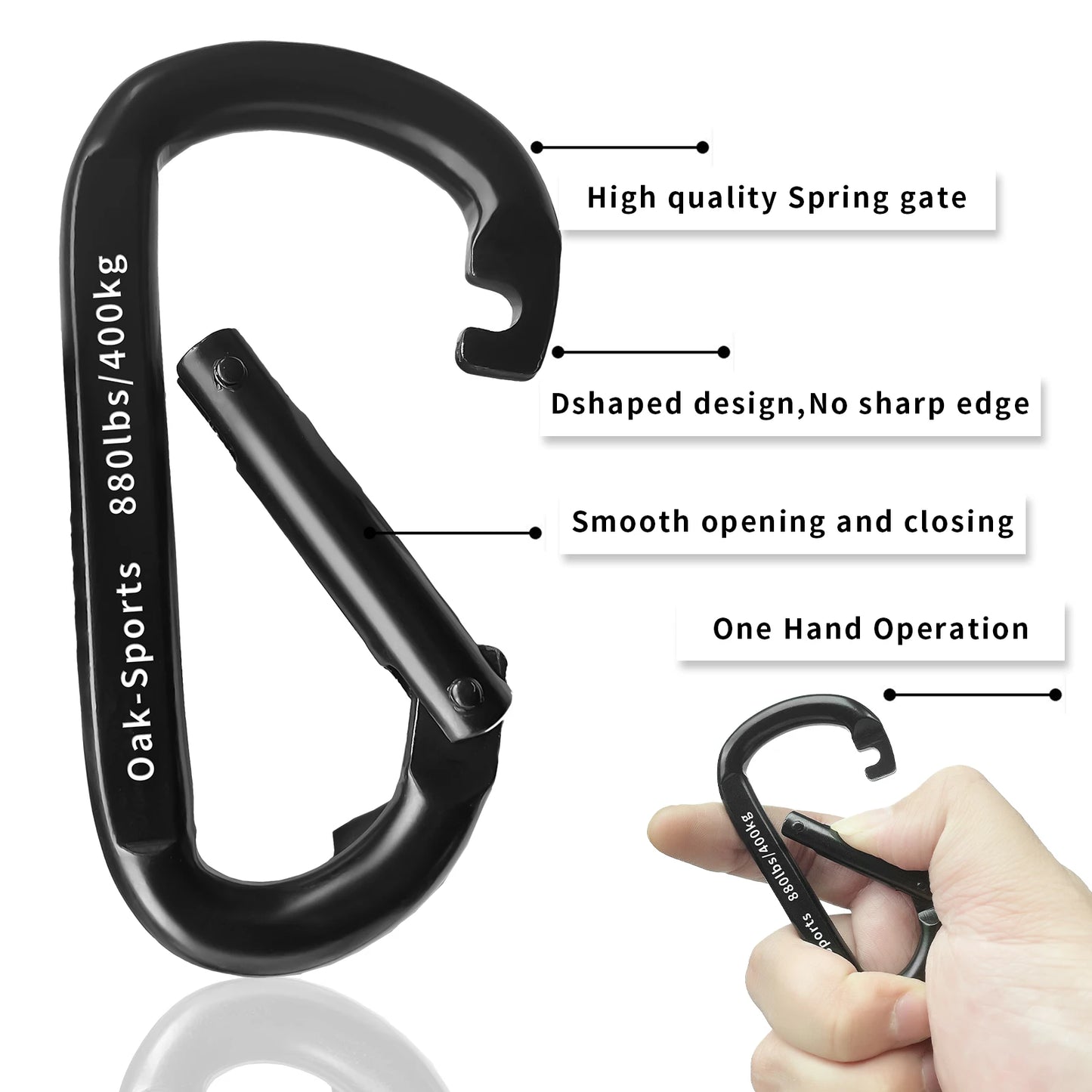 Karabinerhaken, 7,6 cm, robuster kleiner Karabiner für Hängematten, Campingzubehör, Wandern, Schlüsselanhänger, 400 kg, schwarz