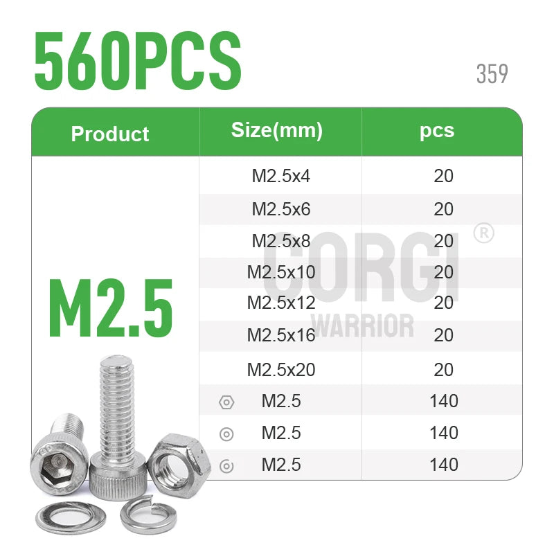 M2 M2.5 M3 M4 M5 M6 Hex Socket Head Cap Set Allen Screw Kit 126-1080P DIN912 304 Stainless Steel Screw Nut Bolt Assortment Set