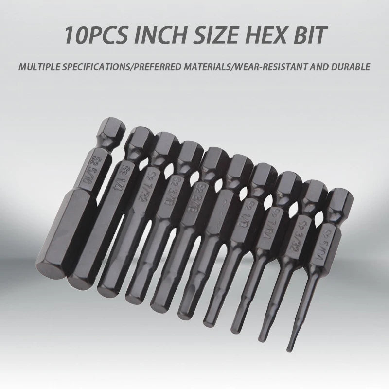 10pcs Hexagonal Bit Set Multi Standard Wear Resistant and Durable Imperial Size Hexagonal Bit S2 Alloy Steel Screwdriver Bit