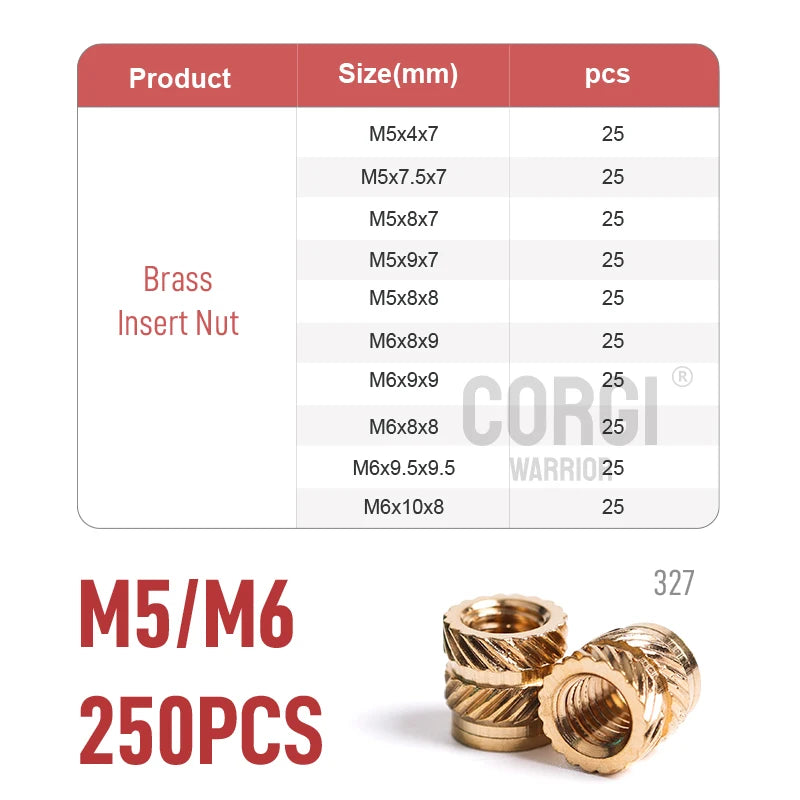 Brass Female Thread Knurled Inserts Nuts Kit M2/M2.5/M3/M4/M5/M6/M8 65-1080 3D Printing Hot Melt Threaded Embedment Insert Nut