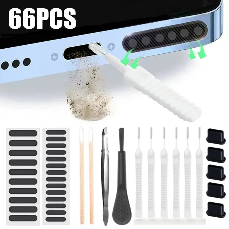 66PCS Mobile Phone Speaker Charging Port Cleaning Set Dust Plug for iPhone 15 14 13 Samsung Xiaomi Earphones Cleaner Kit Brush