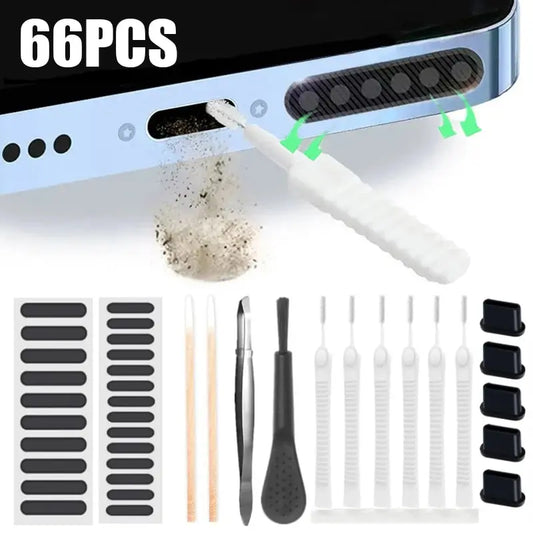 66PCS Mobile Phone Speaker Charging Port Cleaning Set Dust Plug for iPhone 15 14 13 Samsung Xiaomi Earphones Cleaner Kit Brush - ToolFlx