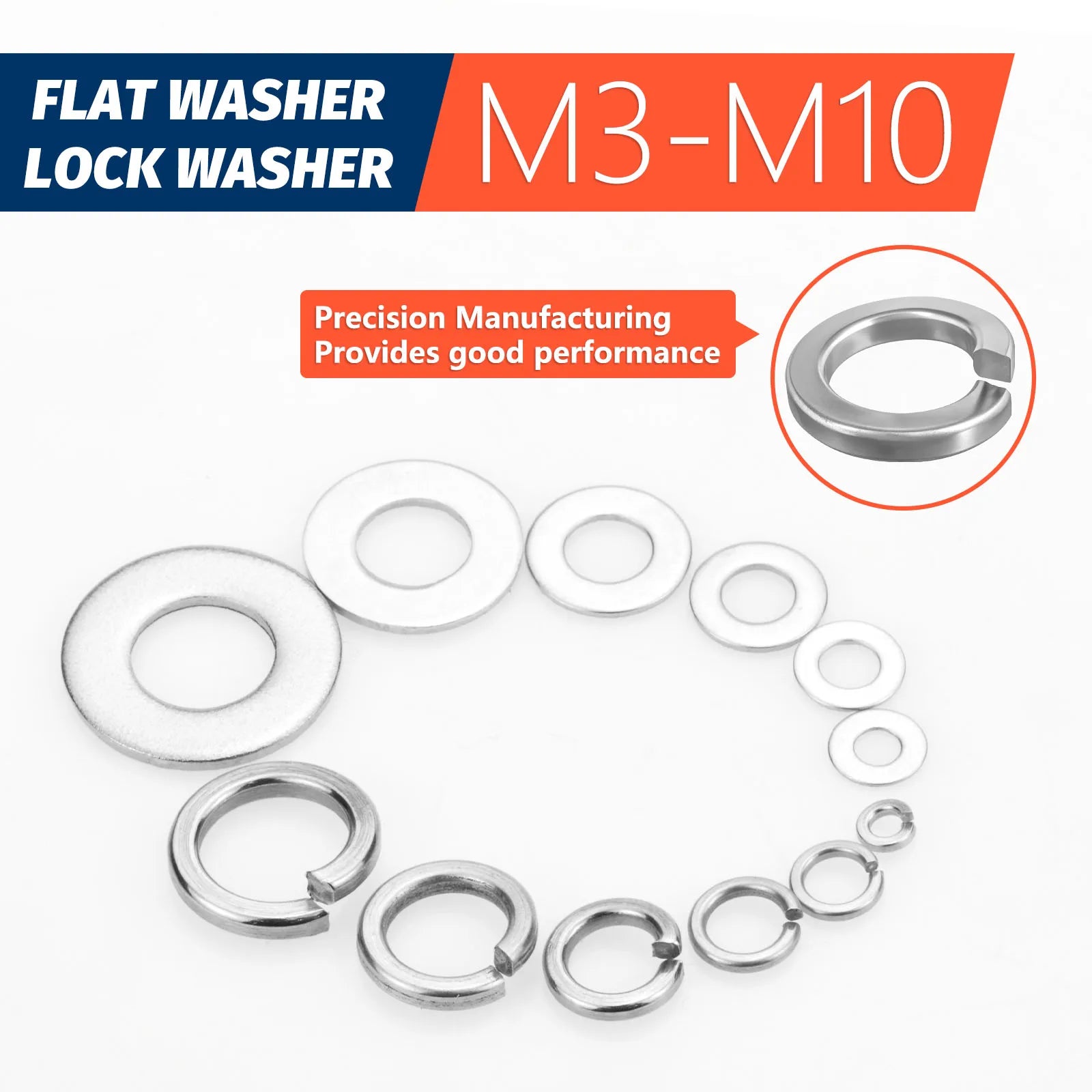 260pcs Lock and Flat Washer Assortment Kit Stainless Steel M3 M4 M5 M6 M8 M10 Spring Lock Washers and Flat Washers Set - ToolFlx