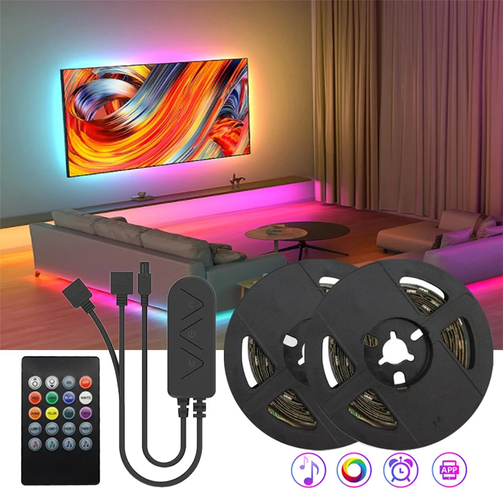 EU-Stecker LED-Lichtstreifen RGB 5050 Musiksynchronisation Farbwechsel APP-Steuerung DC 12V LED-Leuchten Flexibles Lampenband für TV-Hintergrundbeleuchtung 