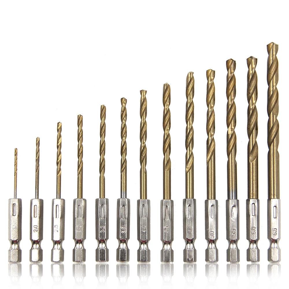 Hexagonal Handle 13pc Titanium Plated Fried Dough Twists Drill 1.5-6.5mm Electric Drill Screwdriver Drilling Reaming Drill Tool