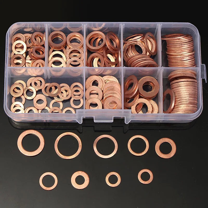 100/200PCS Copper Washer Gasket Nut and Bolt Set Flat Ring Seal Assortment Kit with Box //M8/M10/M12/M14 for Sump Plugs