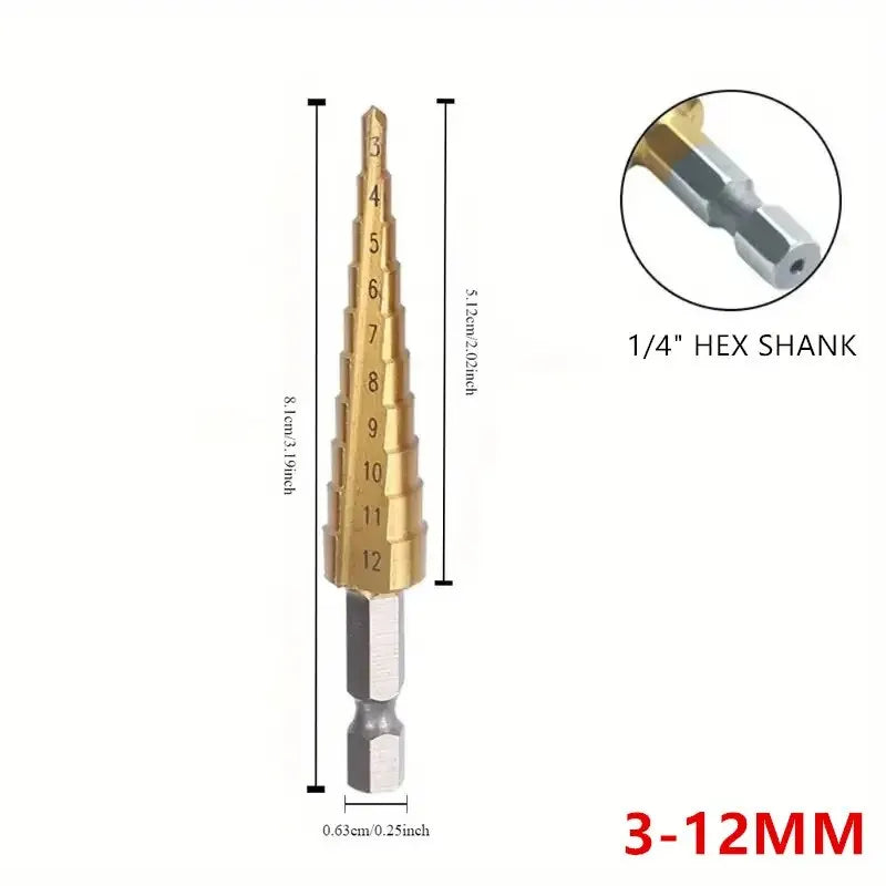 3-12mm/4-12mm/4-20mm Hss Step Drill Bit, Straight Groove DrillTitanium Coated Metal Driller, Drilling Tools Set