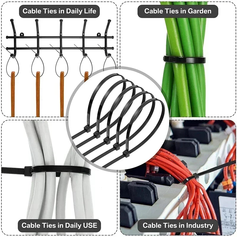 500/100Pcs Plastic Nylon Cable Ties Self-locking Cord Ties Straps Adjustable Cables Fastening Loop Home Office Wire Zip Ties