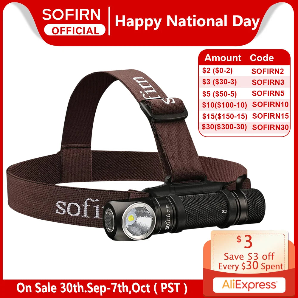 Sofirn SP40 LED Headlamp XPL2 1200lm 18650 Type C Rechargeable Headlight 18350 Flashlight with Power Indicator Magnet Tail