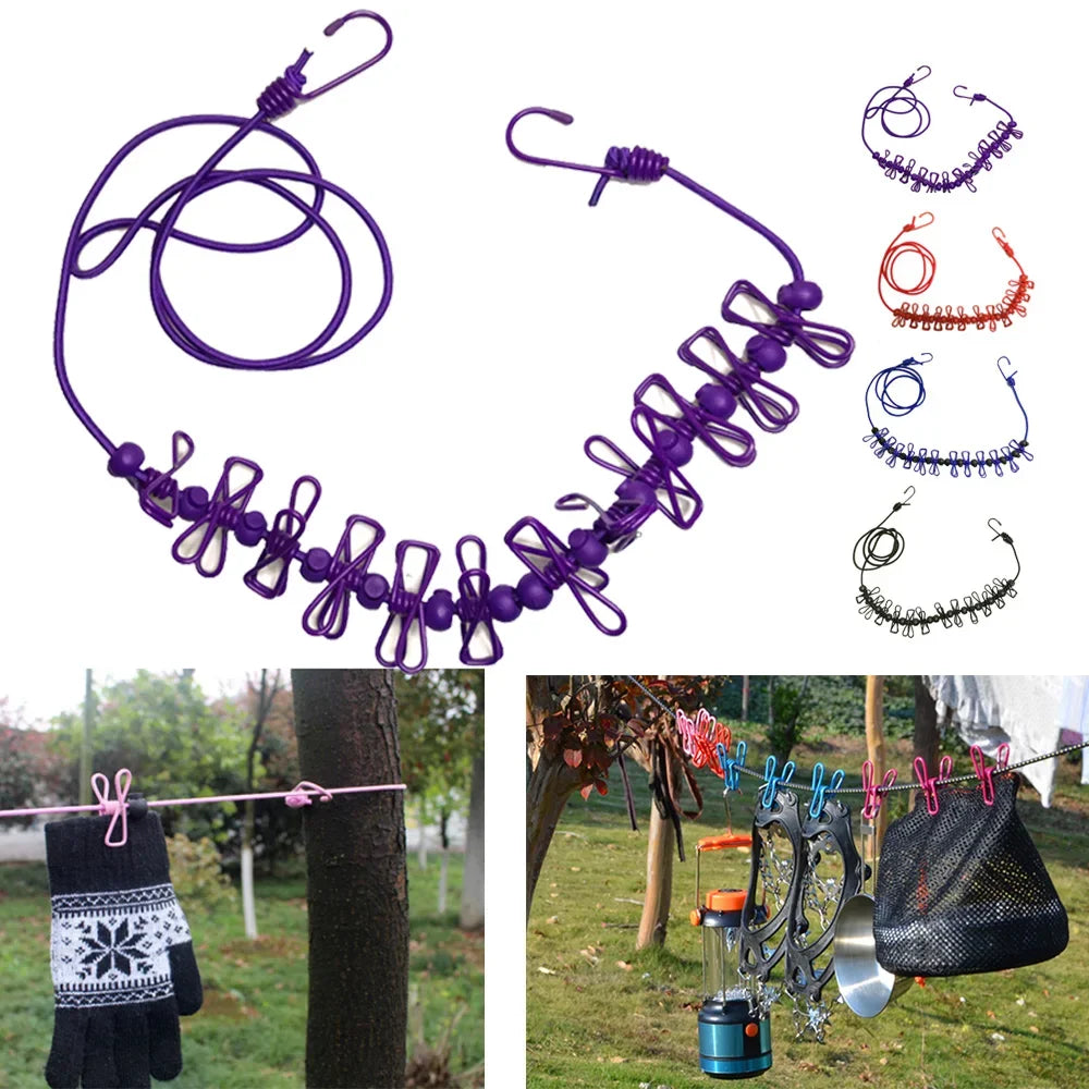 Corde à linge extensible antidérapante pour camping en plein air de 4 m avec 12 clips, corde à linge extensible pour voyage, corde à linge suspendue pour sécher le linge 