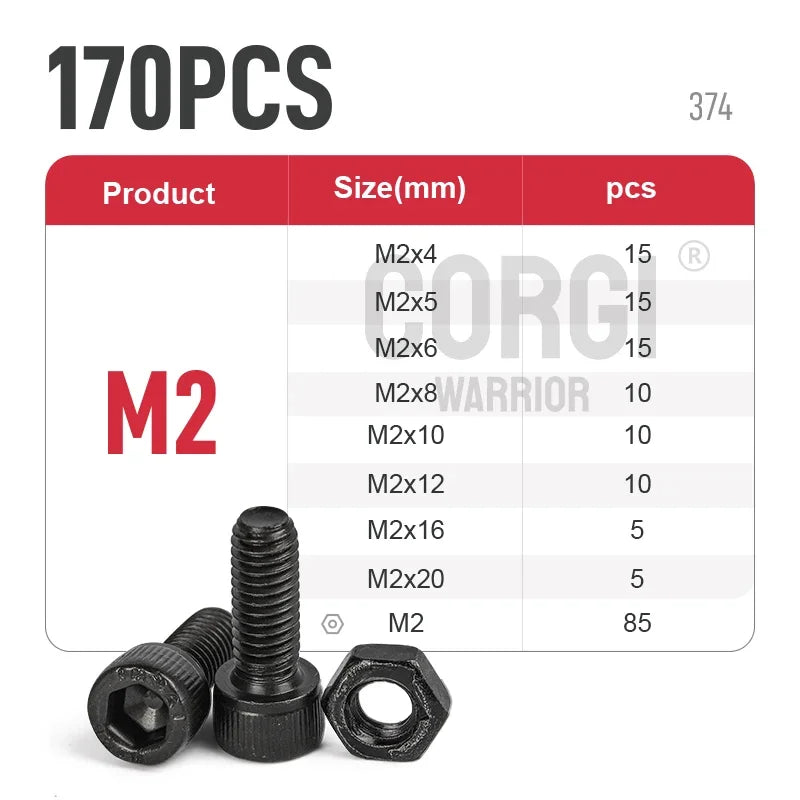 1140 Black Steel Socket Head Hex Round Cap Screws Set M2 M3 M4 M5 M6 Grade 12.9 DIN912 Allen Bolts Nuts Assortment Kit Tool Box