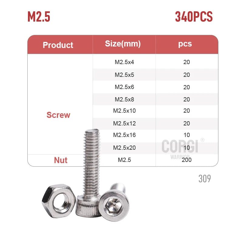 100-720 Pcs Hex Socket Head Cap Machine Screws Kit M2 M2.5 M3 M4 M5 Stainless Steel Allen Bolts Nuts Assortment Set with Wrench