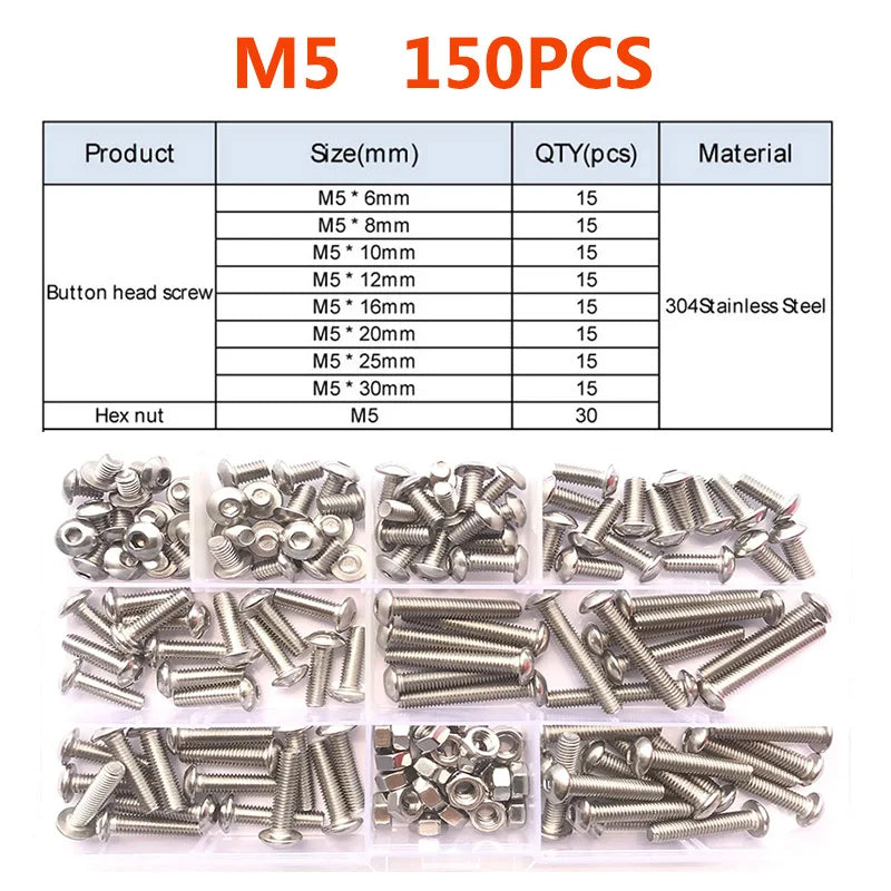 120-434Pcs 304 Stainless Steel Hex Button Socket Head Cap Screw Hexagon Thread Machine Metric Nut Bolt Assortment Kit Set M2~M6