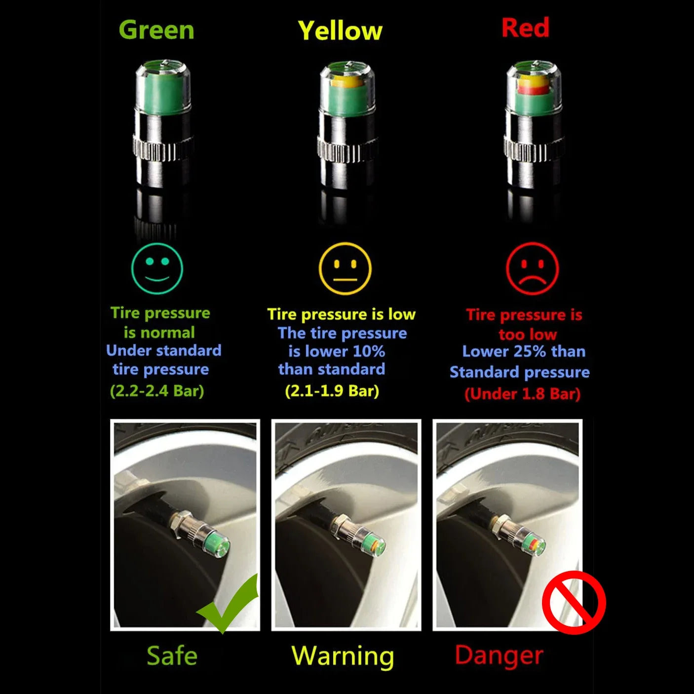 4Pcs 2.4 Bar Car Tire Pressure Guage Cap Sensor Indicator Alert Monitoring Tool Tyre Cap Indicator Alert Air Pressure Gauge