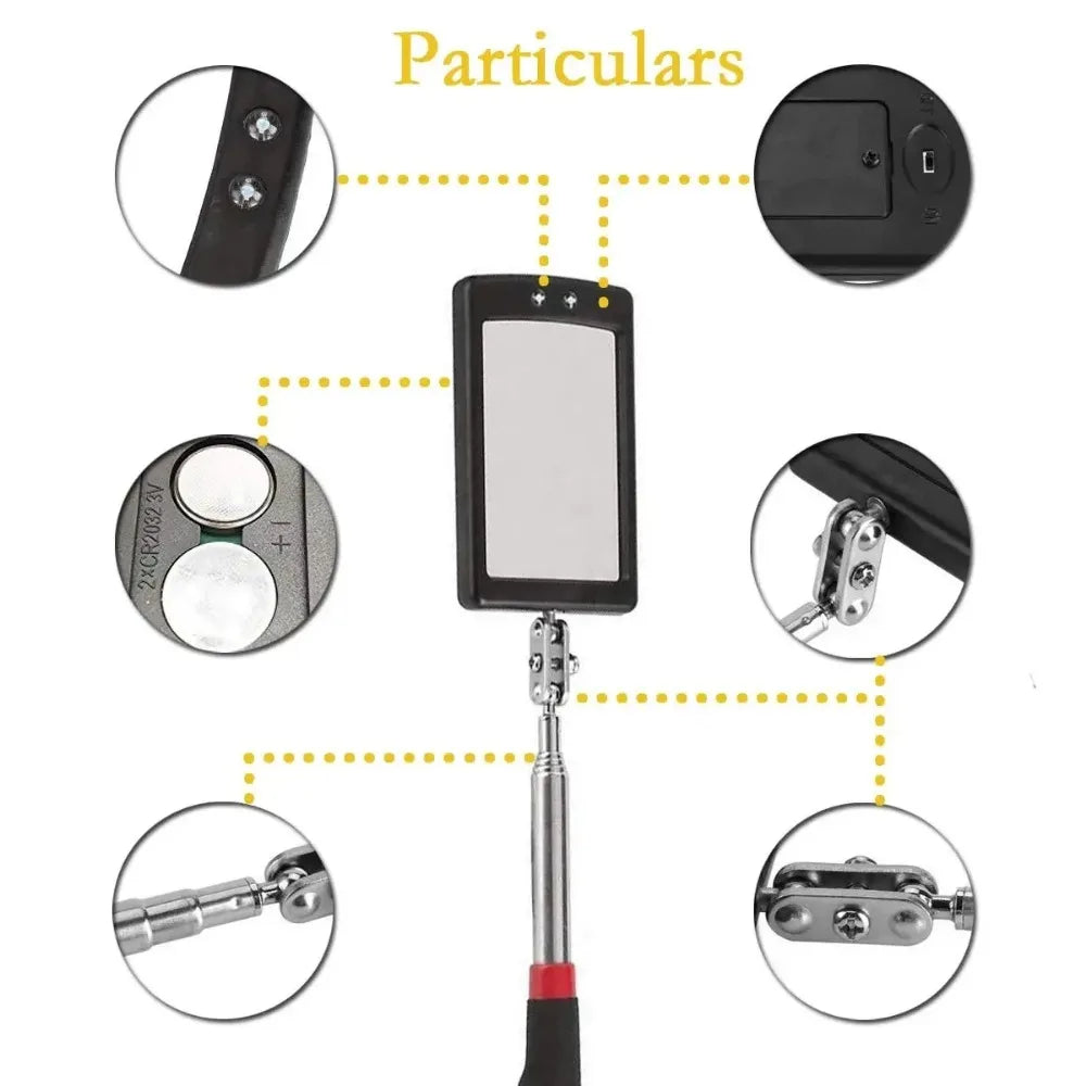 360° Inspection Mirror LED Light Telescoping Mirrors Extend Mechanic Tools Inspection Mirror Telescopic Handle Repairing Tools