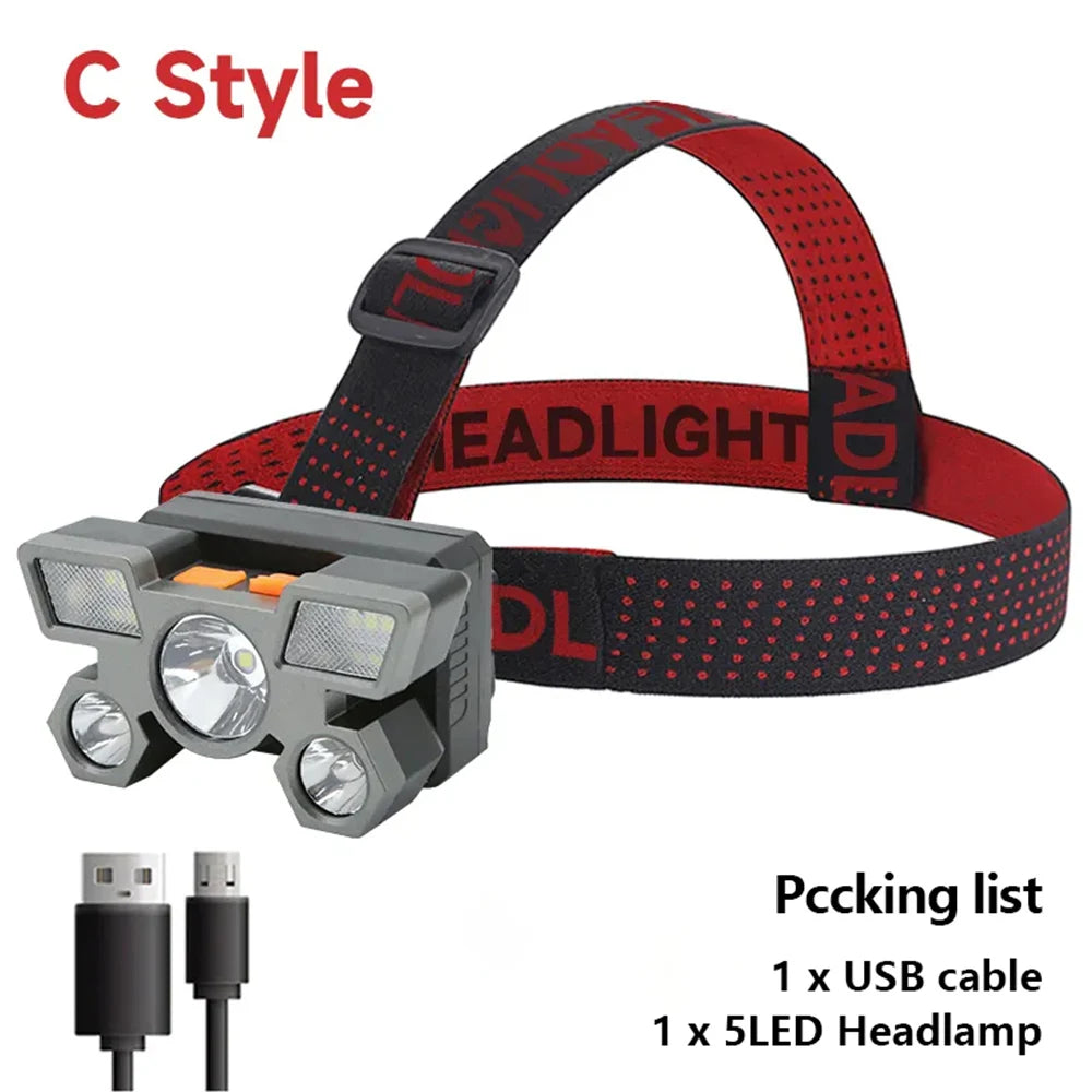 5 LED Flashlight Rechargeable with Built in 18650 Battery Strong Light Camping Adventure Fishing Head Light Headlamp