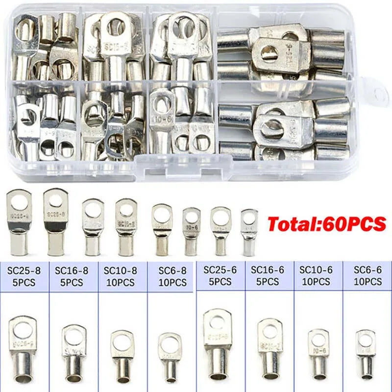 60/240PCS Ring Terminal Cable Shoes Lugs 35mm2 Tinned Copper Lug Wire eye Connectors Bare 60 Terminals Lugs Wire Copper Kit