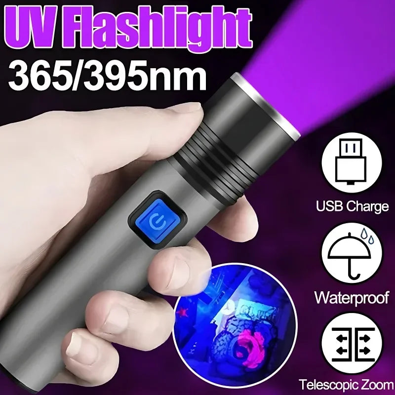 Lampe de poche UV 365/395 nm, zoomable, rechargeable par USB, lampe de poche ultraviolette pour détecteur d'urine d'animaux, durcissement de la résine 