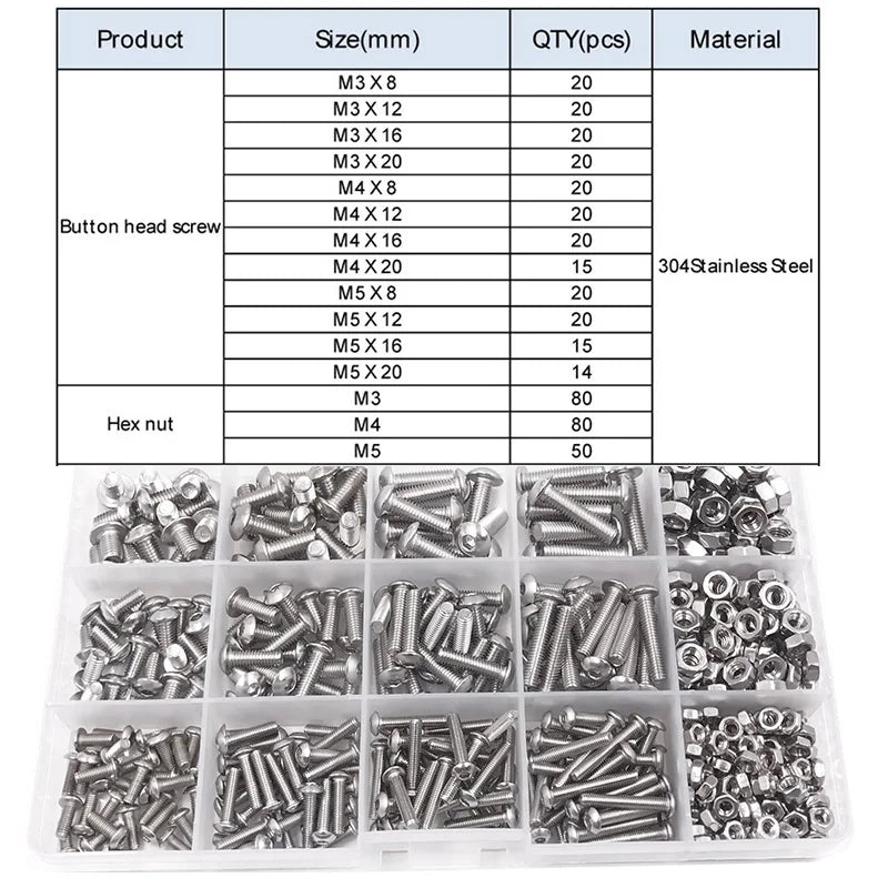 120-434Pcs 304 Stainless Steel Hex Button Socket Head Cap Screw Hexagon Thread Machine Metric Nut Bolt Assortment Kit Set M2~M6