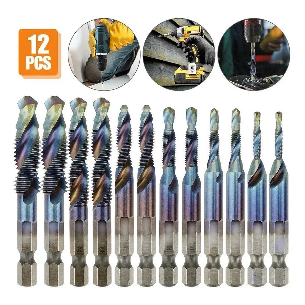 12Pcs HSS 1/4" Hex Shank Titanium Coated Screw Thread Metric Tap Drill Bits Set M5 M6 M8 M10 Combination Bit Hand Tools