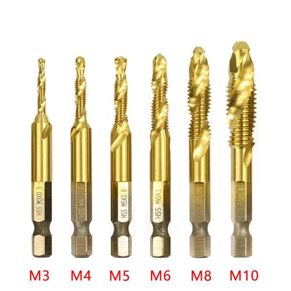 New Titanium Plated Hex Shank HSS Screw Thread Metric Tap Drill Bits Screw Machine Compound M3 M4 M5 M6 M8 M10 Hand Tools