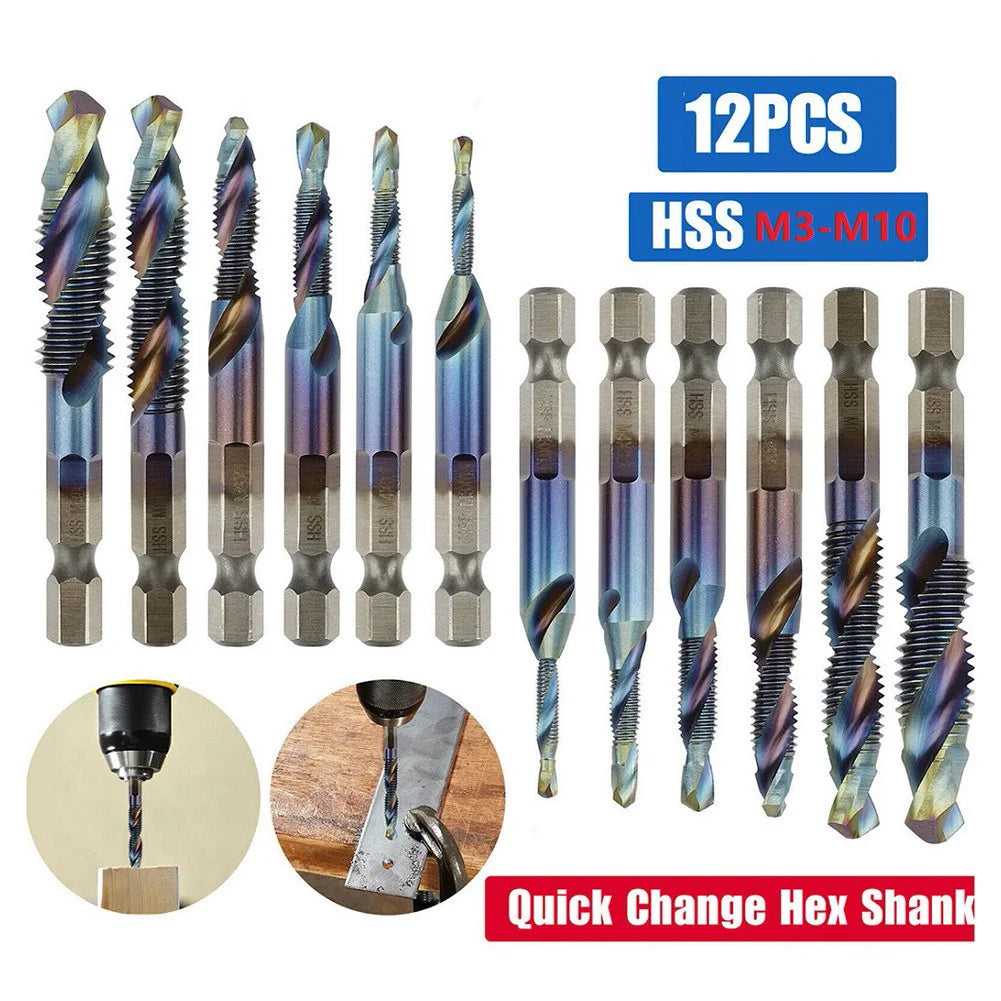 12Pcs HSS 1/4" Hex Shank Titanium Coated Screw Thread Metric Tap Drill Bits Set M5 M6 M8 M10 Combination Bit Hand Tools