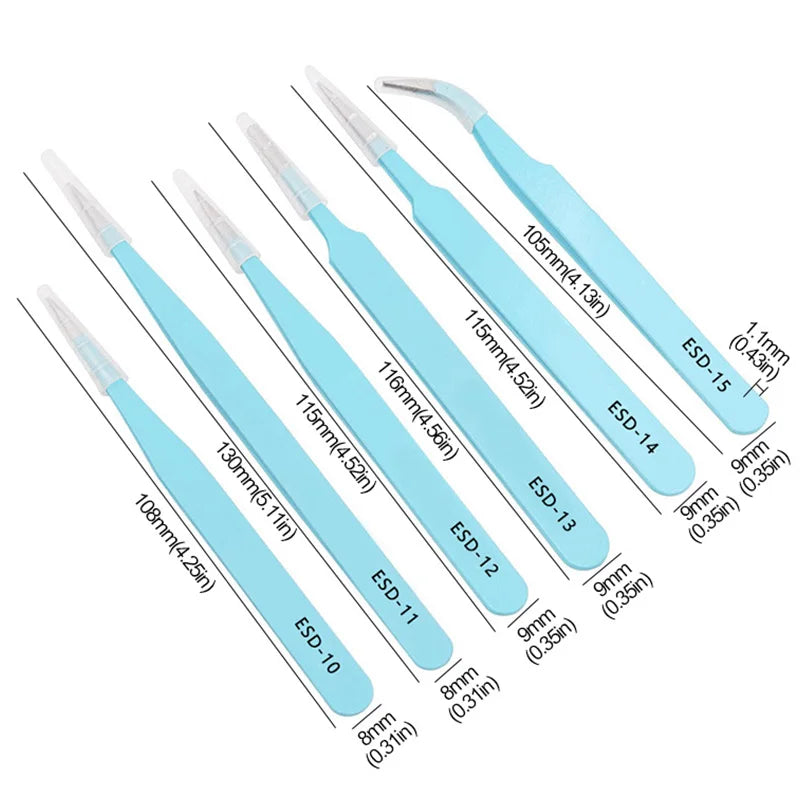 6PCs ESD Anti-Static Stainless Steel Tweezers Precision Maintenance Industrial Repair Curved Tool Home Working Model Making Hand