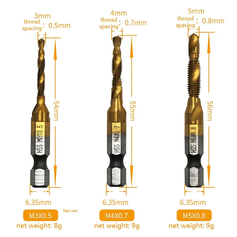 Hotselling Titanium Plated Hex Shank HSS Screw Thread Metric Tap Drill Bits Screw Machine Compound M3 M4 M5 M6 M8 M10 Hand Tools