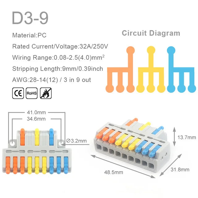 Mini Quick Wire Conductor Connector Universal Compact 2/3 Pin Splicing Push-inTerminal Block 1 in multiple out with fixing Hole