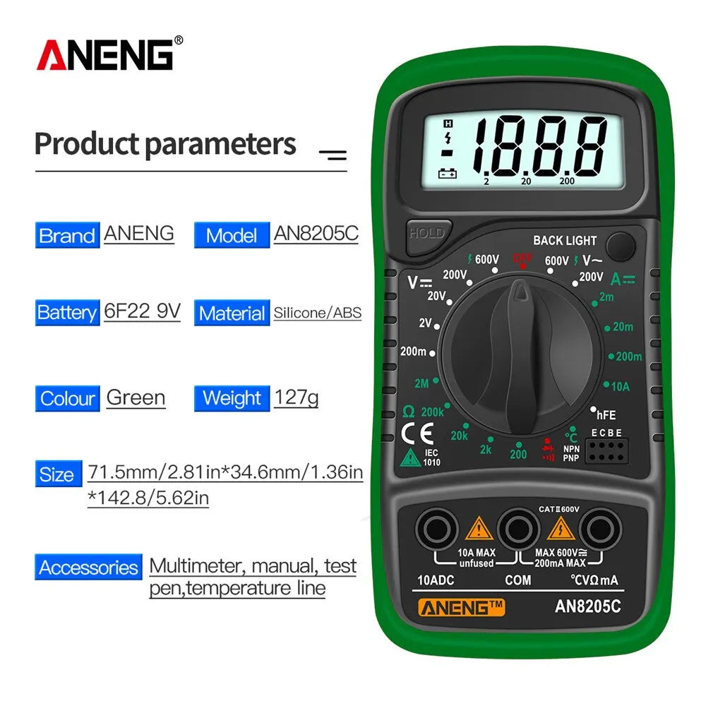 ANENG AN8205C Digital Multimeter AC/DC Ammeter Volt Ohm Multimetro Tester Meter With Thermocouple LCD Backlight Portable