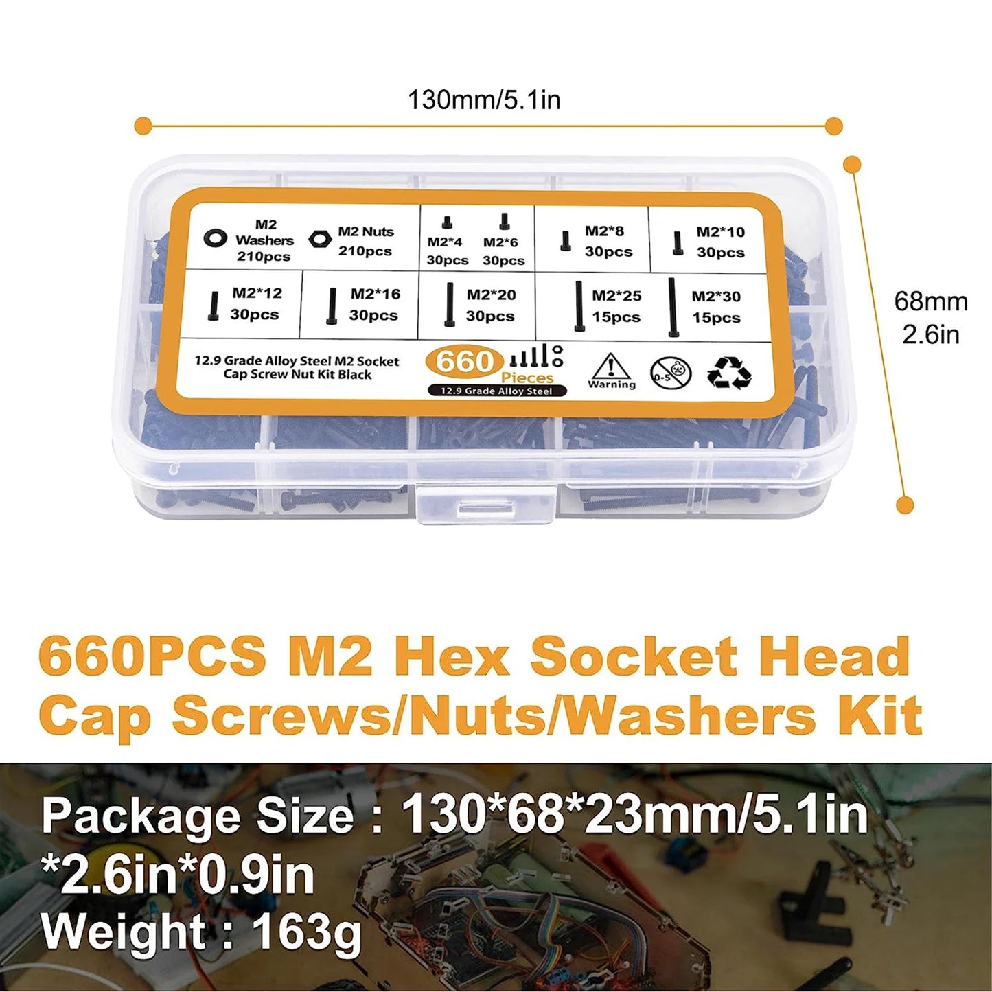 660Pcs M2 Screws Set M2 x 4/6/8/10/12/16/20/25/30mm Hex Socket Head Bolts Nuts Washers Assortment Kit 12.9 Grade Alloy Steel