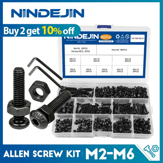 NINDEJIN hex hexagon socket button head screw nut carbon steel m2 m2.5 m3 m4 m5 m6 allen round head screw set bolt and nut set