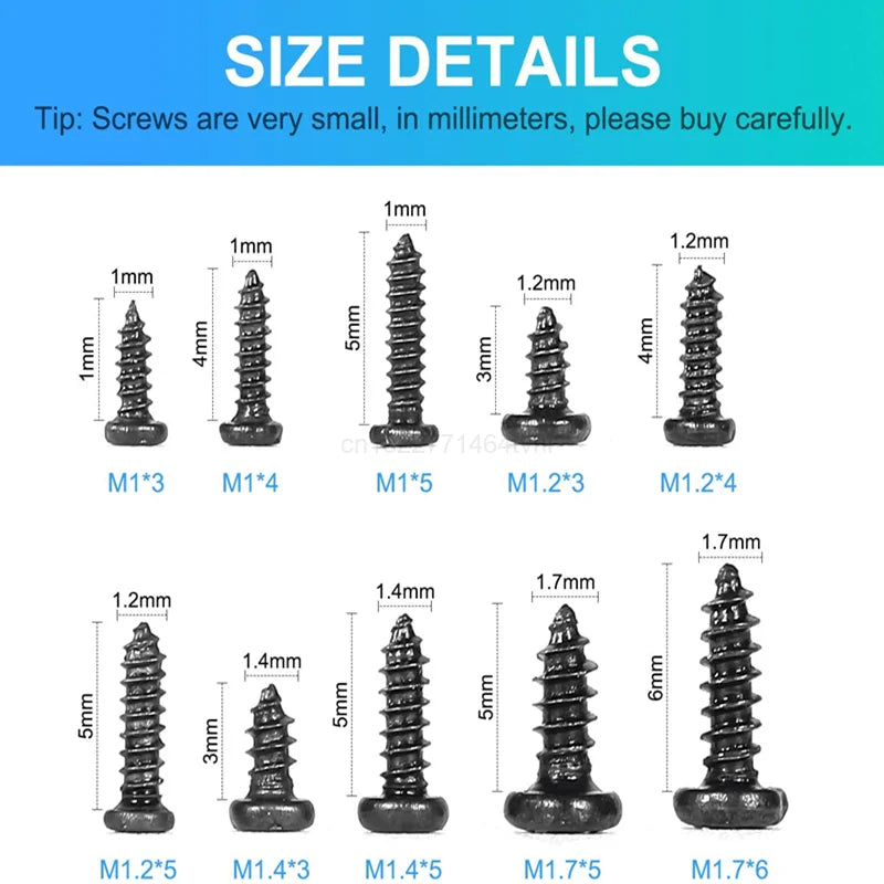 500/1000pcs/set M1 M1.2 M1.4 M1.7 Mix Pa Phillips Head Micro Screws Round Head Self-tapping Electronic Small Wood Screws Kit