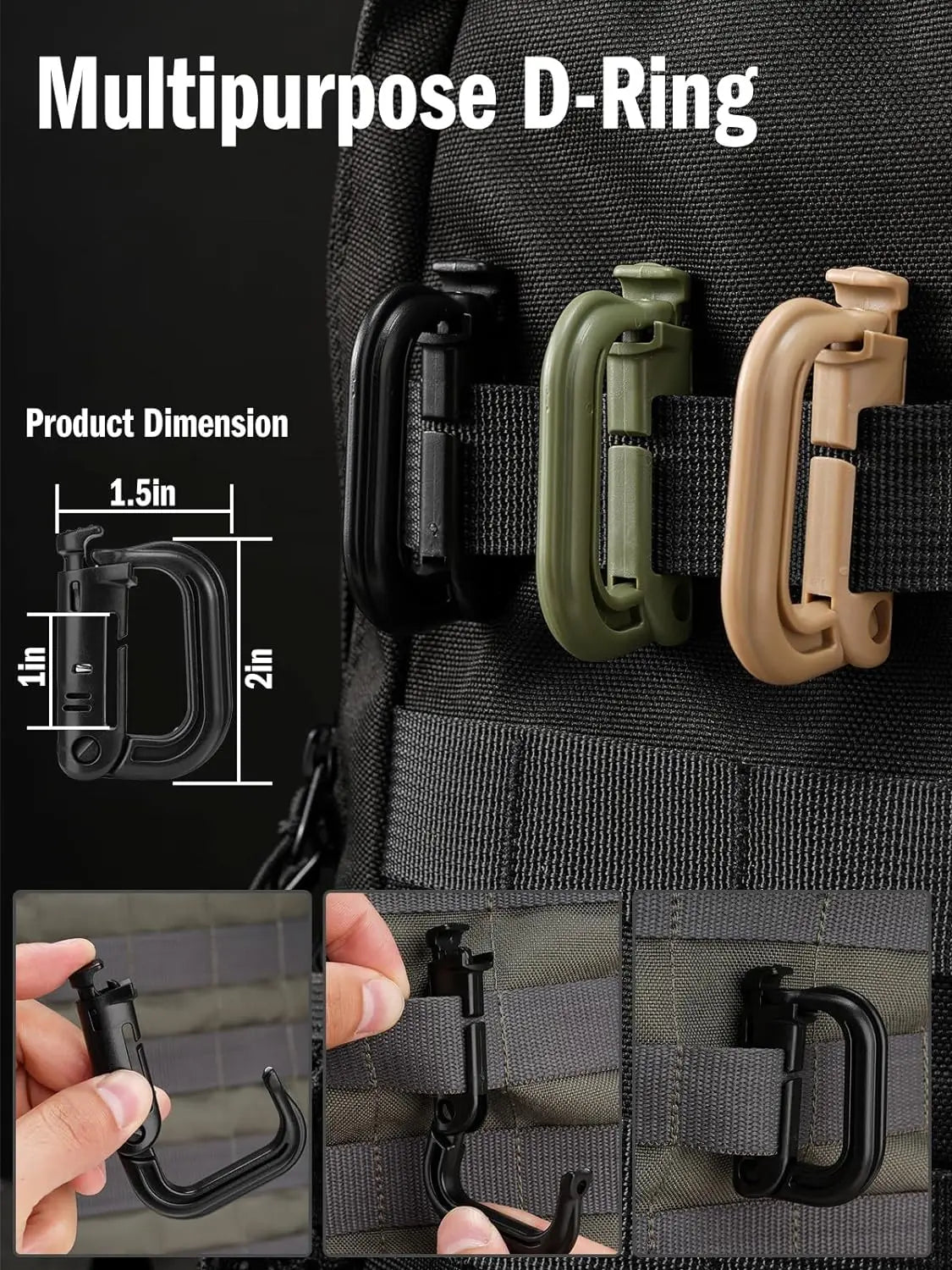 Tactical D-Ring Grimlock Carabiner Clip MOLLE Webbing Attachment Fast Latch System For Military Vest/Backpacks/Pouch/Bag/Belt