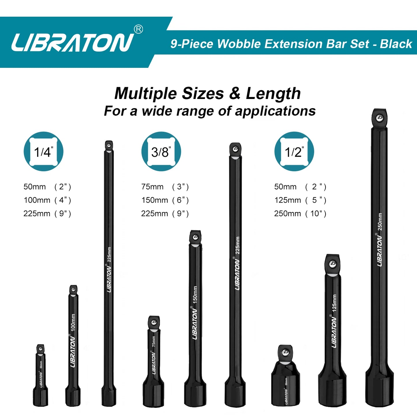 Libraton 9Pcs Wobble Socket Extensions Set, Ratchet Extensions 1/4" 3/8" 1/2", Wobble Extensions, Drive Socket Extension