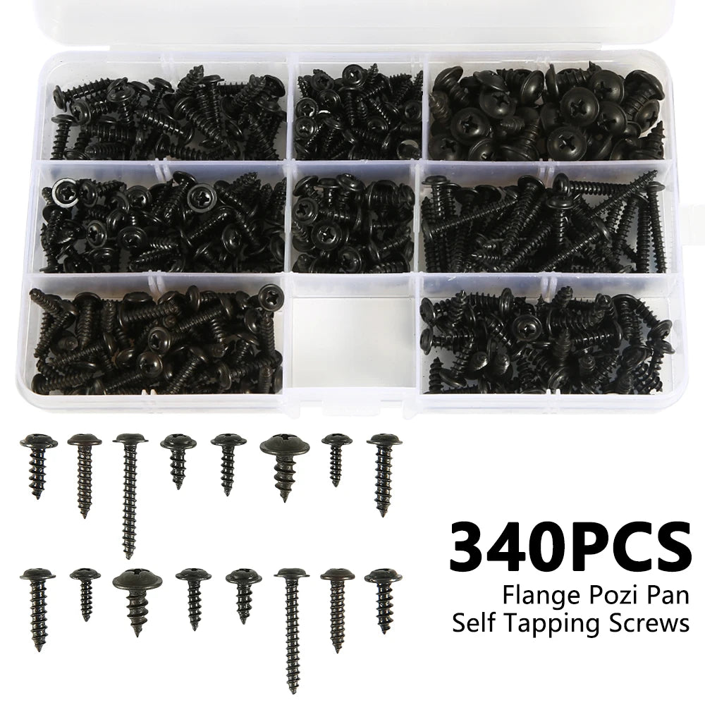 340/500pcs Pan Head Tapping Screw Cross Head M3/M4/M3.5/M4.8 Self Tapping Screw Set Assortment Kit Black Furniture Carbon Steel