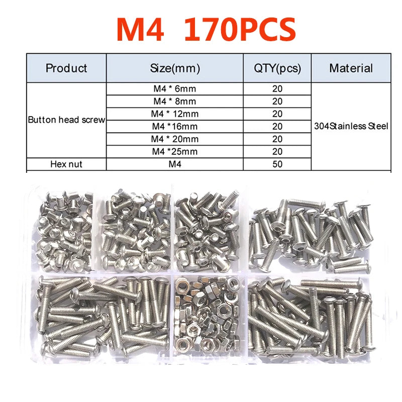 120-434Pcs 304 Stainless Steel Hex Button Socket Head Cap Screw Hexagon Thread Machine Metric Nut Bolt Assortment Kit Set M2~M6