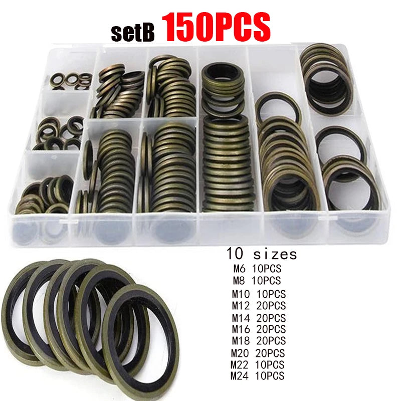 150/100pcs Bonded Seal Sealing Ring Assortment Kit Oil Drain Screw Combined Washer Seal Set M6 M8 M10 M12 M14 M16 M18 M20 M22 - ToolFlx