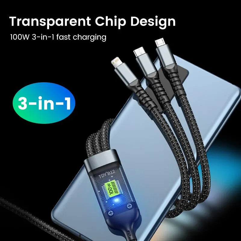 3-in-1 100W 5A Fast Charging USB To Type-C Micro Fast Charger Cable For iPhone 14 13 Samsung Xiaomi Huawei iPhone 14 13