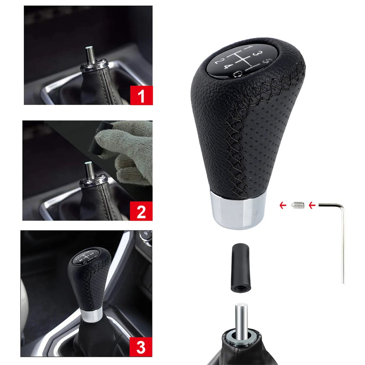 Universal 5 Speed Manual Leather Red Stitch Gear Shift Knob Car Gear Stick Shift Knob Lever Manual Transmission M8 M10 M11 M12