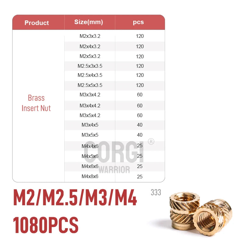 Brass Female Thread Knurled Inserts Nuts Kit M2/M2.5/M3/M4/M5/M6/M8 65-1080 3D Printing Hot Melt Threaded Embedment Insert Nut