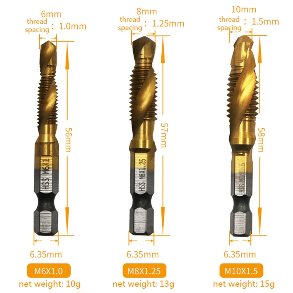 New Titanium Plated Hex Shank HSS Screw Thread Metric Tap Drill Bits Screw Machine Compound M3 M4 M5 M6 M8 M10 Hand Tools