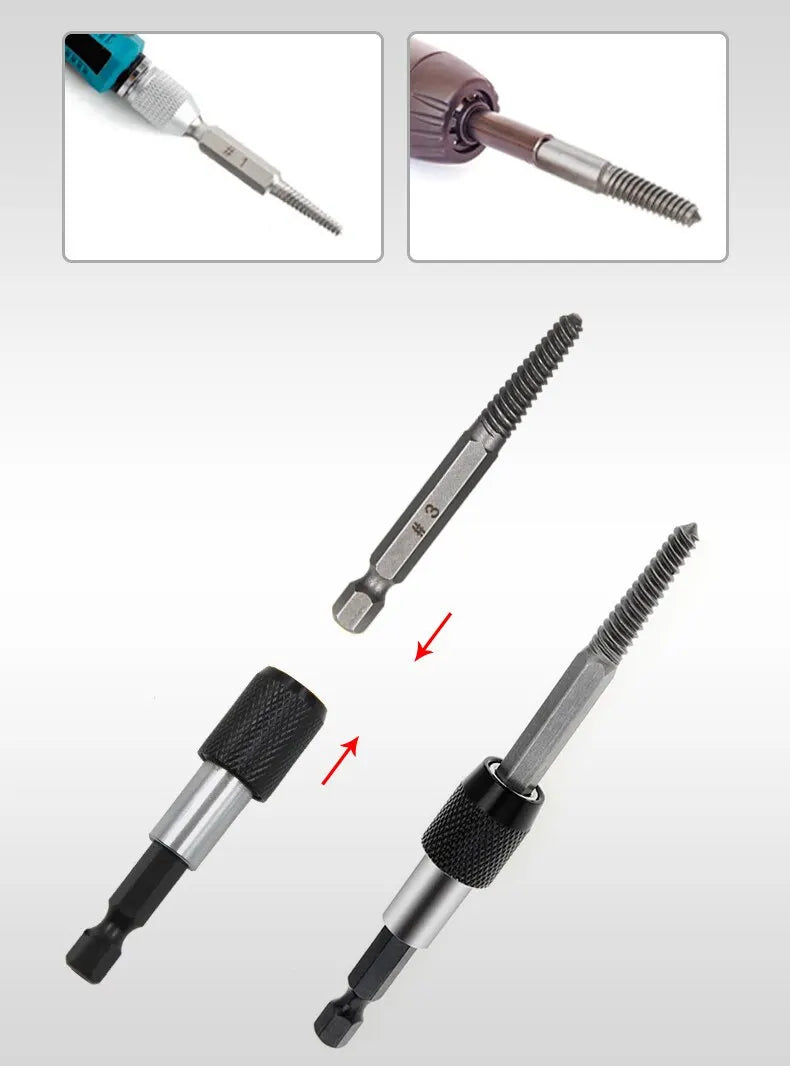 Lot de 10 extracteurs de vis à tête cassée à tige hexagonale, tournevis à tête cassée pour retirer l'ensemble d'outils de perceuse électrique 